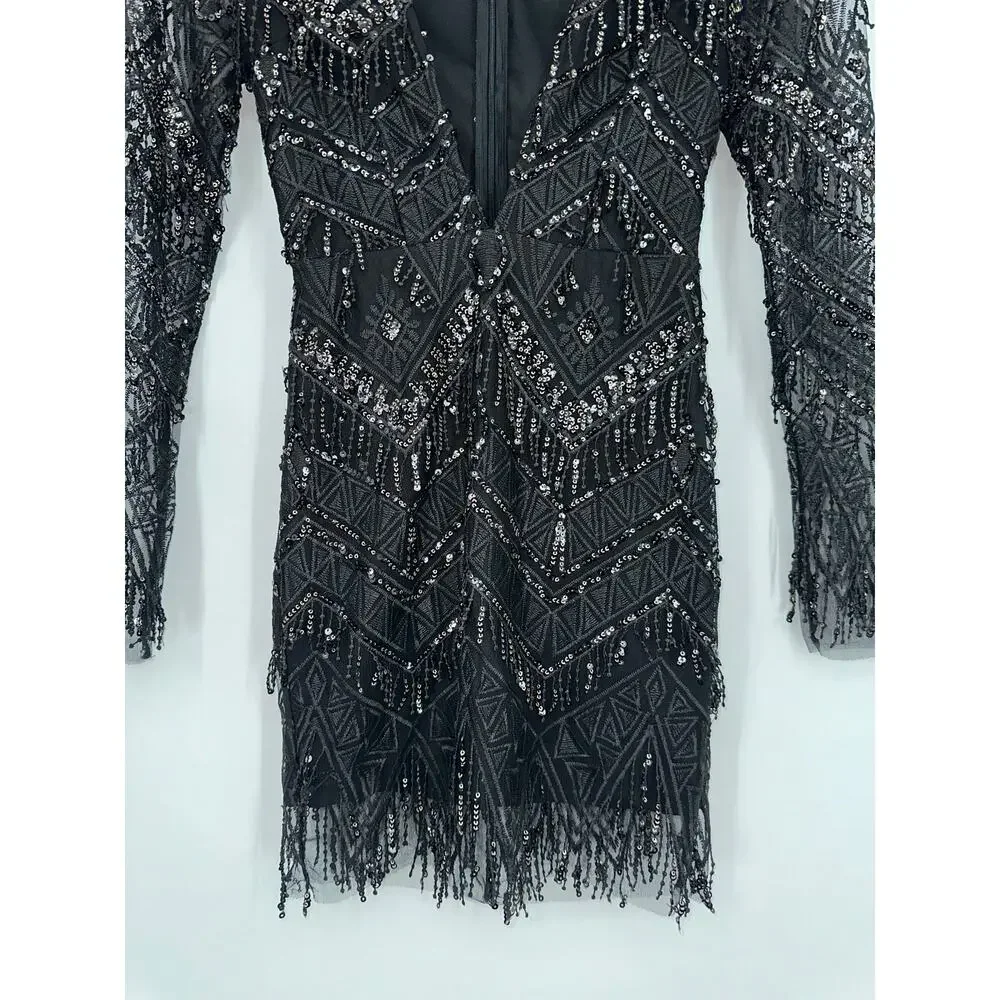 REVOLVE Superdown Nia Sequin Fringe Mini Dress Plunge V-Neck Mesh Long Sleeve - Picture 7 of 13